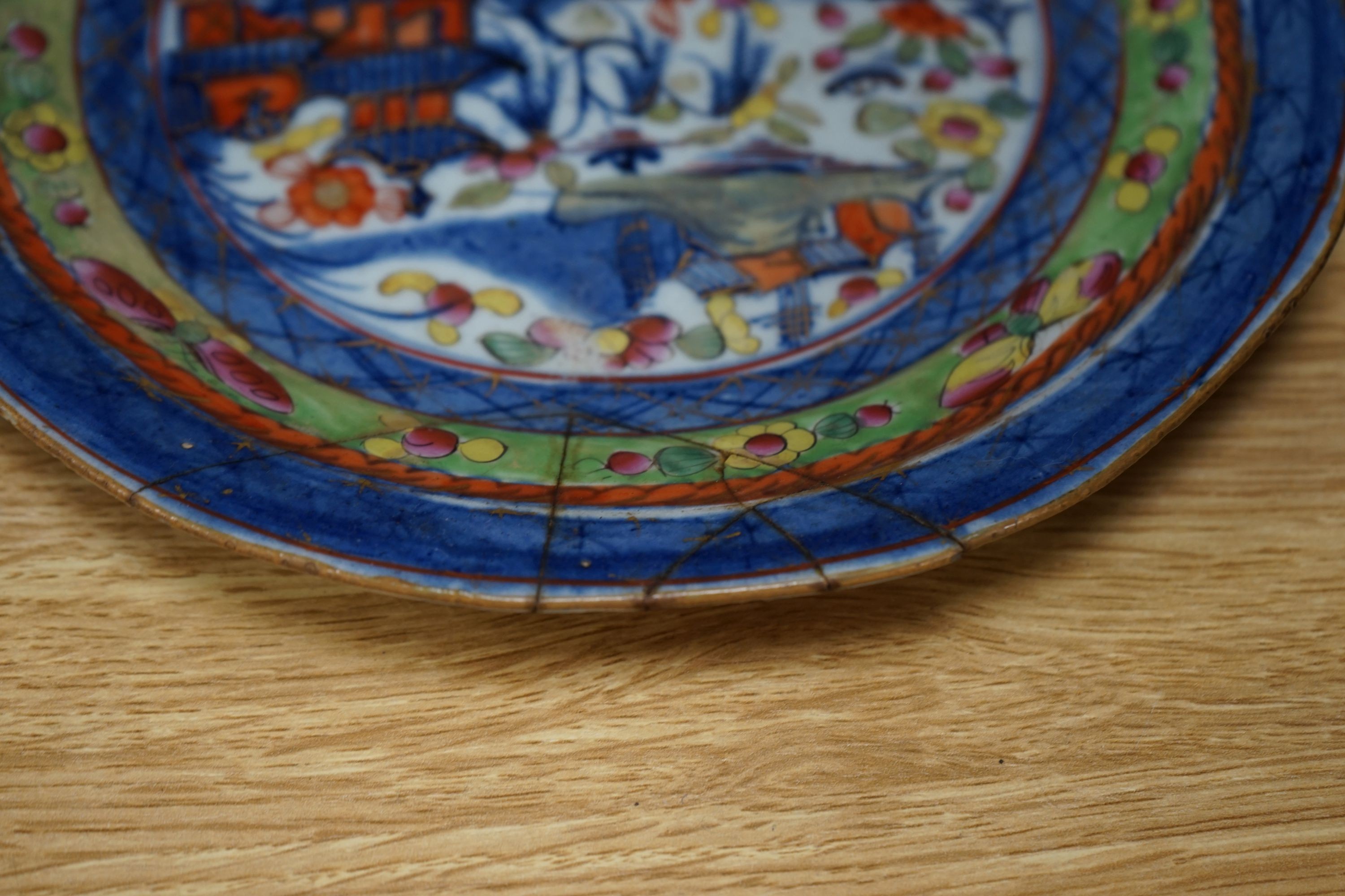 A Japanese blue and white dish, a Chinese blue and white meiping and a clobbered plate 33cm